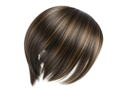 A close-up view of a styled short haircut with rich brown and blonde highlights.