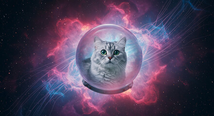 astronaut cat inside a transparent bubble helmet
