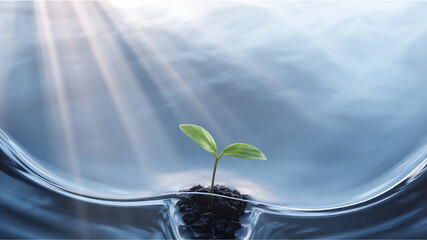 Seedling sprouting through soil surrounded by water, hope and new beginnings
