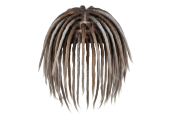 Close-up view of intricate dreadlocks, displaying a mix of light and dark brown tones, against a stark black background.