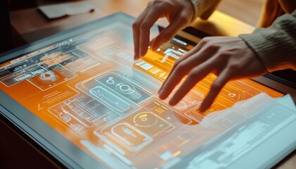 The image shows two hands using a touchscreen tablet displaying an orange and white futuristic interface with various digital elements and symbols