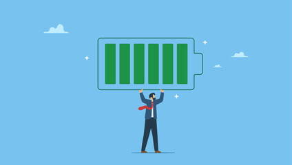 Energetic businessman carry full recharge battery. Full battery recharge, full energy to work or refresh from exhaustion, burnout recover, fuel employee or productive and efficient.