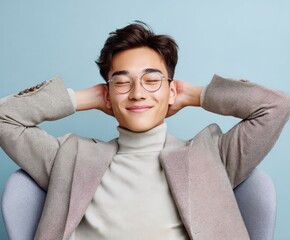 Relaxed young man in a light taupe blazer and turtleneck, comfortably seated against a light blue background, exudes a sense of calm and ease.