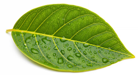 Obraz premium A single green leaf with water droplets on its surface isolated against a white background close up view