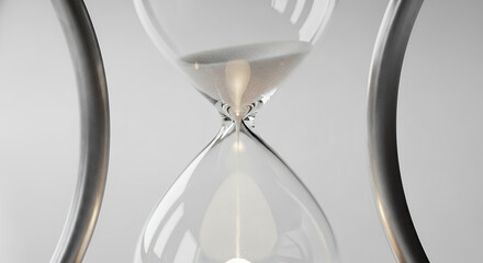 Close up of an hourglass with white sand and a metal frame on a plain white background studio shot