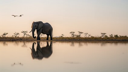 Obraz premium African Elephant at Waterhole with Reflection and Birds in Flight