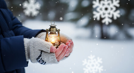 Person holding a lit lantern in winter with snow falling and wearing white gloves and a blue coat