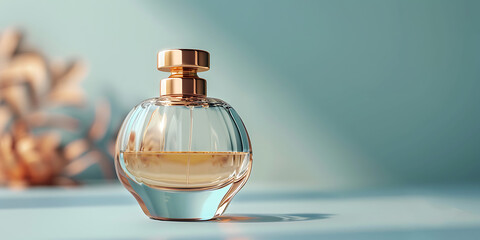 Elegant glass perfume bottle with golden cap and soft lighting, evoking luxury and fragrance.