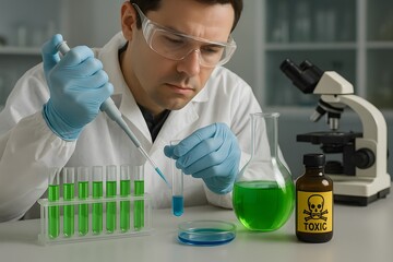 A scientist in lab with test tube and microscope. 