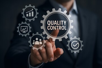 A person interacting with a quality control icon that contains gear. 