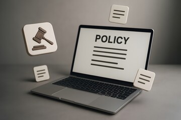 Policy and Law: Laptop Displaying Policy and Law Icons. 