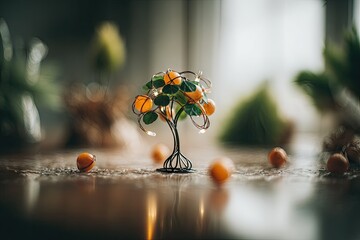 Miniature tree adorned with lights and citrus fruit.
