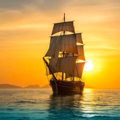 Obraz premium A majestic sailing ship is depicted at a golden sunset.