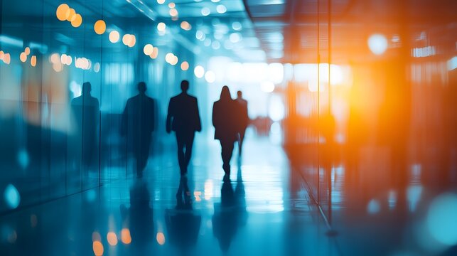 Silhouetted Business Team Striding Through a Futuristic Blue Hallway Toward a Golden Light.