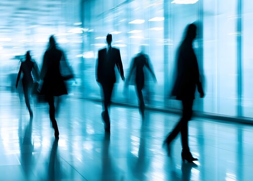 Fleeting Silhouettes - Dynamic Motion Blur of Professionals in a Cyan Corporate Corridor. - Powered by Adobe