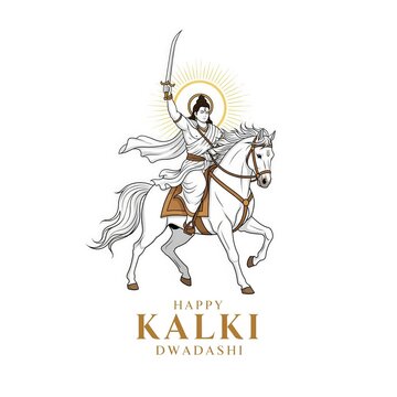 Kalki Dwadashi illustration of Hindu deity on white horse with sword image photo