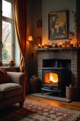 Fototapeta premium Cozy living room with a space heater providing warmth during the cold season Perfect for autumn or winter home interior scenes Ideal for blogs, websites, and marketing materials , winter, fireplace