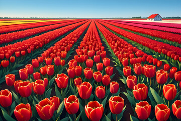 Vast field of vibrant red tulips under a clear blue sky flower nature