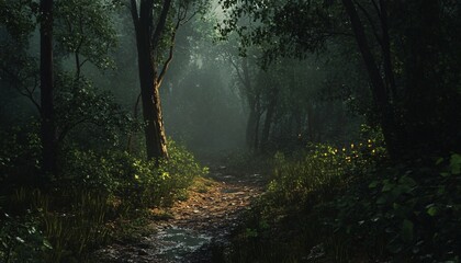 A dim forest trail is visible, leading into a dense, shadowy woodland area with lush vegetation and tall trees.