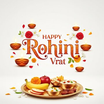 Happy Rohini Vrat festival greeting with offerings and diyas Indian festival Hindu festival