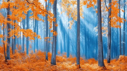 Autumn forest with vibrant orange foliage and ethereal light creates a serene natural scene