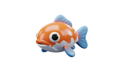 A stylized, cartoon-like goldfish with orange body, white markings, and blue fins, isolated on a white background.