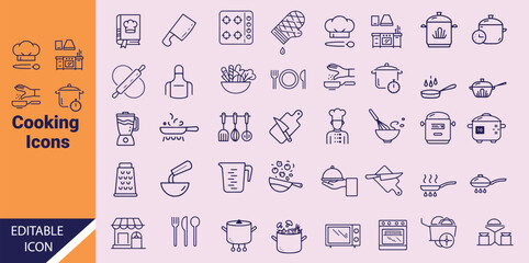Thin line cooking icons showcase various kitchen utensils on a light purple background