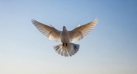 Obraz premium A white dove with outstretched wings flying against a clear blue sky in a peaceful and serene scene