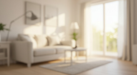 Blur living room at home with morning sunlight at big window for background usage. blur interior background concept. white, britht tone.
