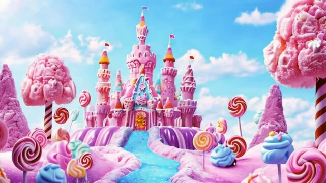 Colorful candyland in pastels. Candy castle with ice cream and lollipop trees. Sweet, dessert, birthday