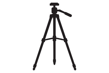 A silhouette of a camera tripod with a handle and adjustable legs on a white background