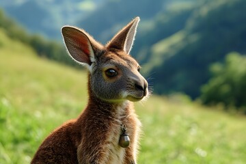 Obraz premium Alert Young Kangaroo with a Small Bell Gazing Across a Sunlit Green Valley.