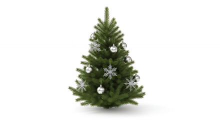 Fototapeta premium A christmas tree decorated with silver ornaments and snowflake decorations on a white background plain