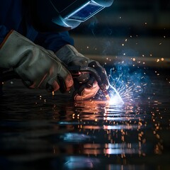 Welder's Hands in Protective Gloves Performing a Precision Weld on a Reflective Wet Surface.