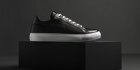 Sleek black leather sneaker with white sole presented on a minimalist dark pedestal.