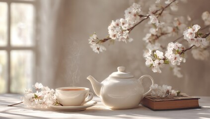 Still life of tea with cherry blossoms