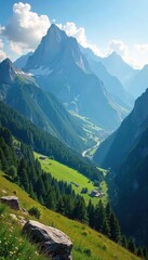 Epic mountain vista, sun-drenched peaks, lush green valley below, perfect for adventure and travel brochures Inspiring nature scene, breathtaking scenery , clouds, vista