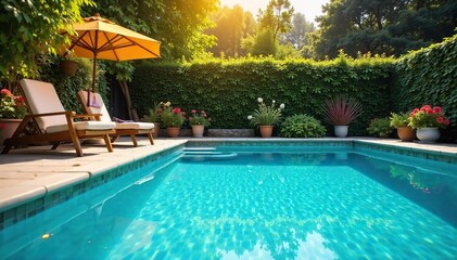 Crystal clear blue swimming pool water shimmering under the summer sun, surrounded by lush green foliage and vibrant flowers Perfect for relaxation and summer fun , idyllic, sun