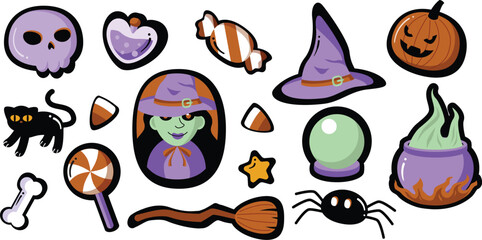 Collection of flat vector illustration of Halloween theme with witch elements. Hat, broom, potion, and spooky icons in cute and minimal style. Perfect for posters, stickers, and seasonal design.