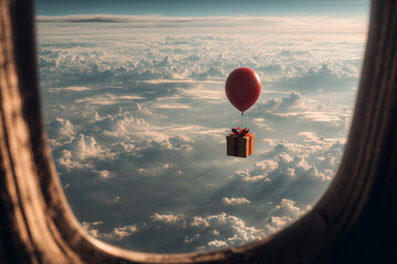 Gift box floating above clouds with red balloon