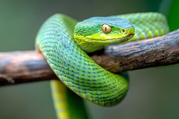 Obraz premium Vivid Green Tree Viper with Piercing Yellow Eyes Coiled on a Branch.