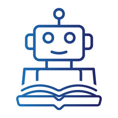 Vector icon of a friendly robot engaged in machine learning, reading a book to symbolize artificial intelligence, education, and knowledge acquisition