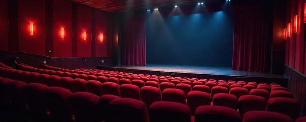 Relaxing dimly lit theater interior, plush velvet seating, empty stage, ready for a calming performance Perfect for wellness, mindfulness, and peaceful entertainment concepts , theater, yoga