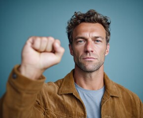 Obraz premium A confident man in a corduroy jacket, fist raised, against a muted backdrop, exudes a sense of determination and resolve.