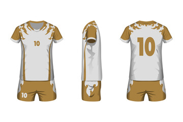 Volleyball jersey mockup white, and gold colors with front, side and back view.