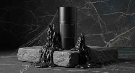 Elegant black bottle with melted wax and spider webs gives a mysterious dark feel.