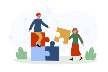 Creative teamwork during puzzle building in a bright, cheerful environment outdoors