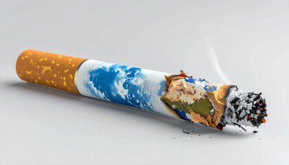 World's destruction through cigarette: A conceptual visual, showcasing the detrimental impact of smoking by replacing the cigarette with a world map. Burning.