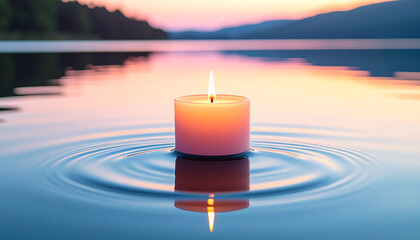 Candlelight Reverie: A single candle glows serenely on a tranquil water surface, with gentle ripples that spread out into a peaceful twilight.