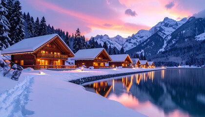 Fototapeta premium Serene Lakeside Cabins: Amidst a picturesque winter wonderland, a row of cozy cabins nestle by a tranquil lake.